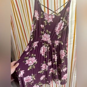 Torrid size 3 purple floral spagetti strap dress with tie in back. MIDI
